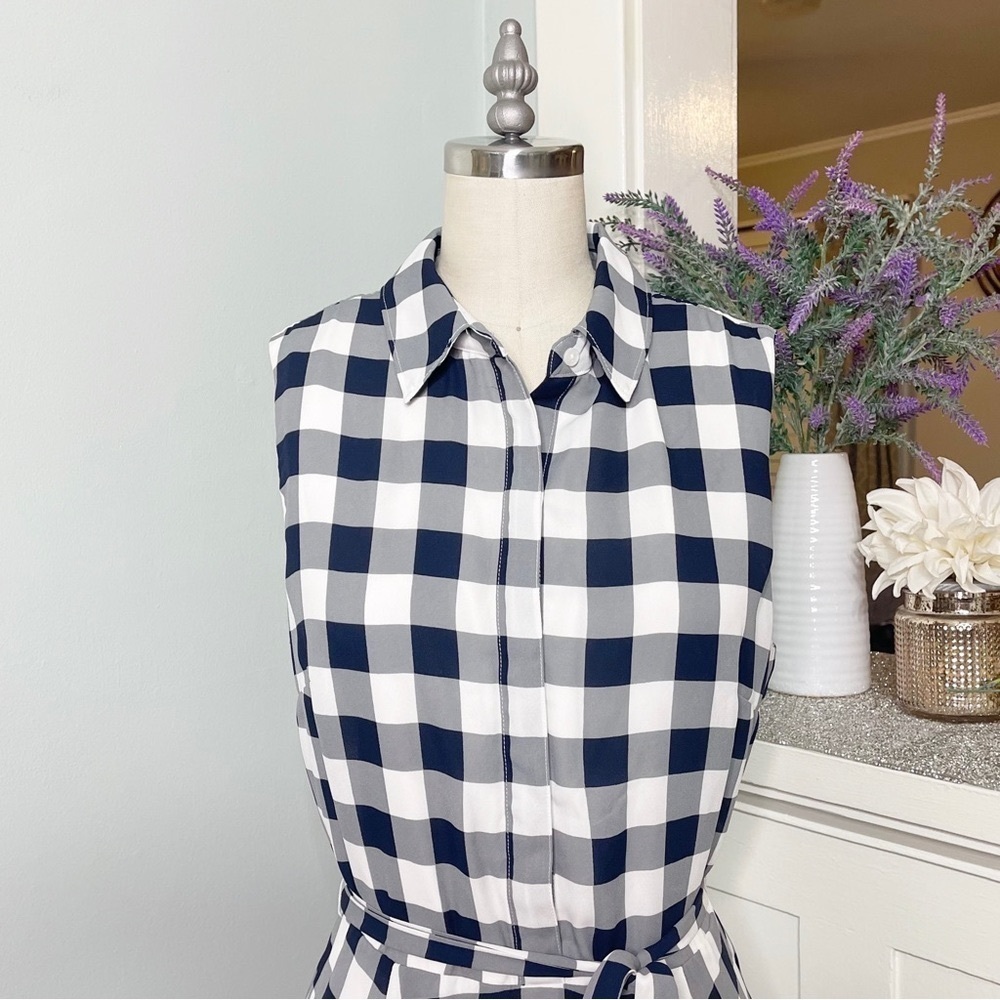 Banana Republic Gingham Plaid Shirtdress Navy Blue Gray White Dress 8 - Picture 4 of 12